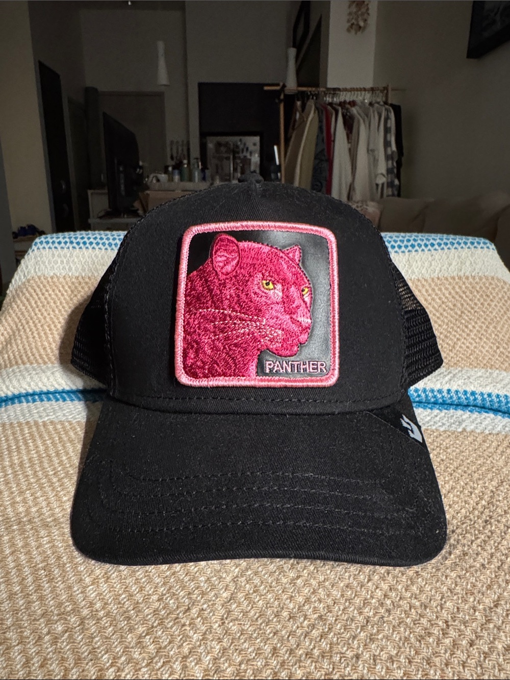 Goorin Bros Black Trucker Hat with Pink Panther Patch